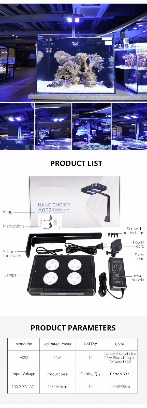 30W 52W 75W A052 RGB Full Spectrum Saltwater Light Fish tank Lamp for Marine Coral Reef Aquariums